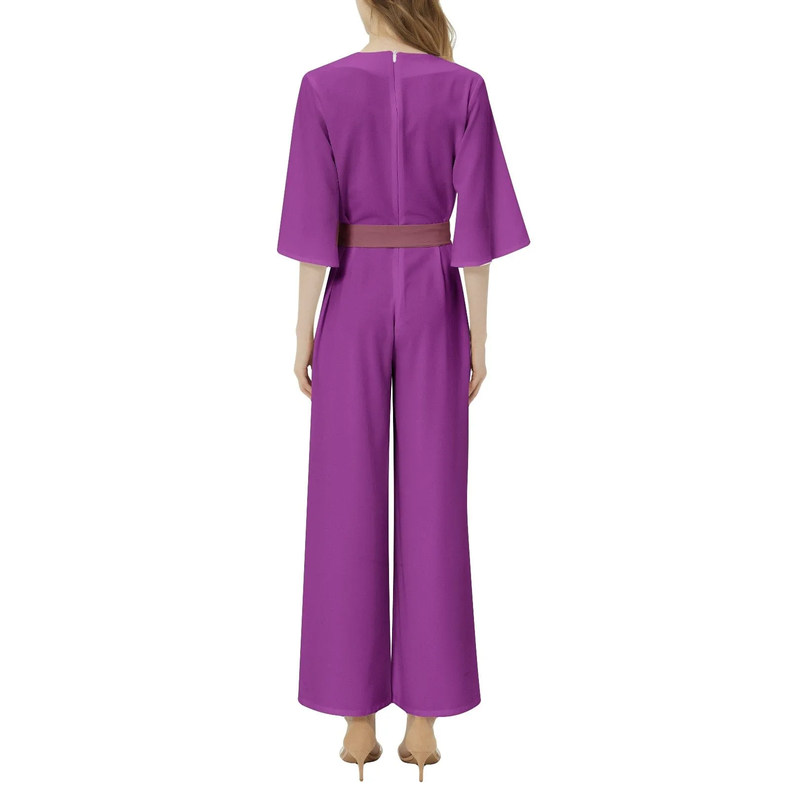 Plum Berry Dolman Sleeve Belted Wide Leg Jumpsuit