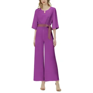 Plum Berry Dolman Sleeve Belted Wide Leg Jumpsuit