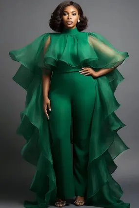 Plus Size Formal Elegant Green Spring Summer Mock Neck Cape Sleeve Half Sleeve Ruffle Flounce Jumpsuit