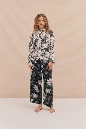 Pocket Pyjama Set Night Bloom Print White/Black Linen