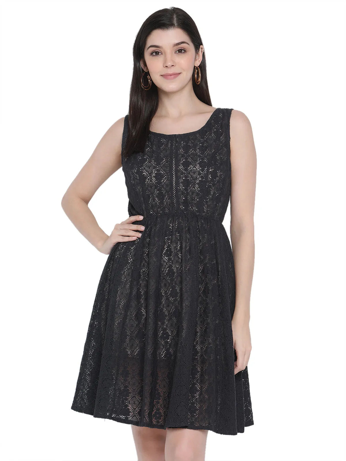 Porsorte Womens Navy Blue Cotton Crochet Lace Embroidery Dress