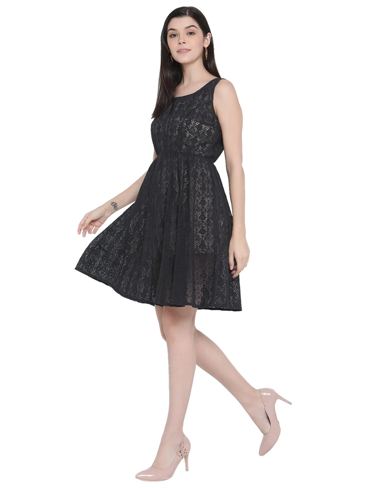 Porsorte Womens Navy Blue Cotton Crochet Lace Embroidery Dress