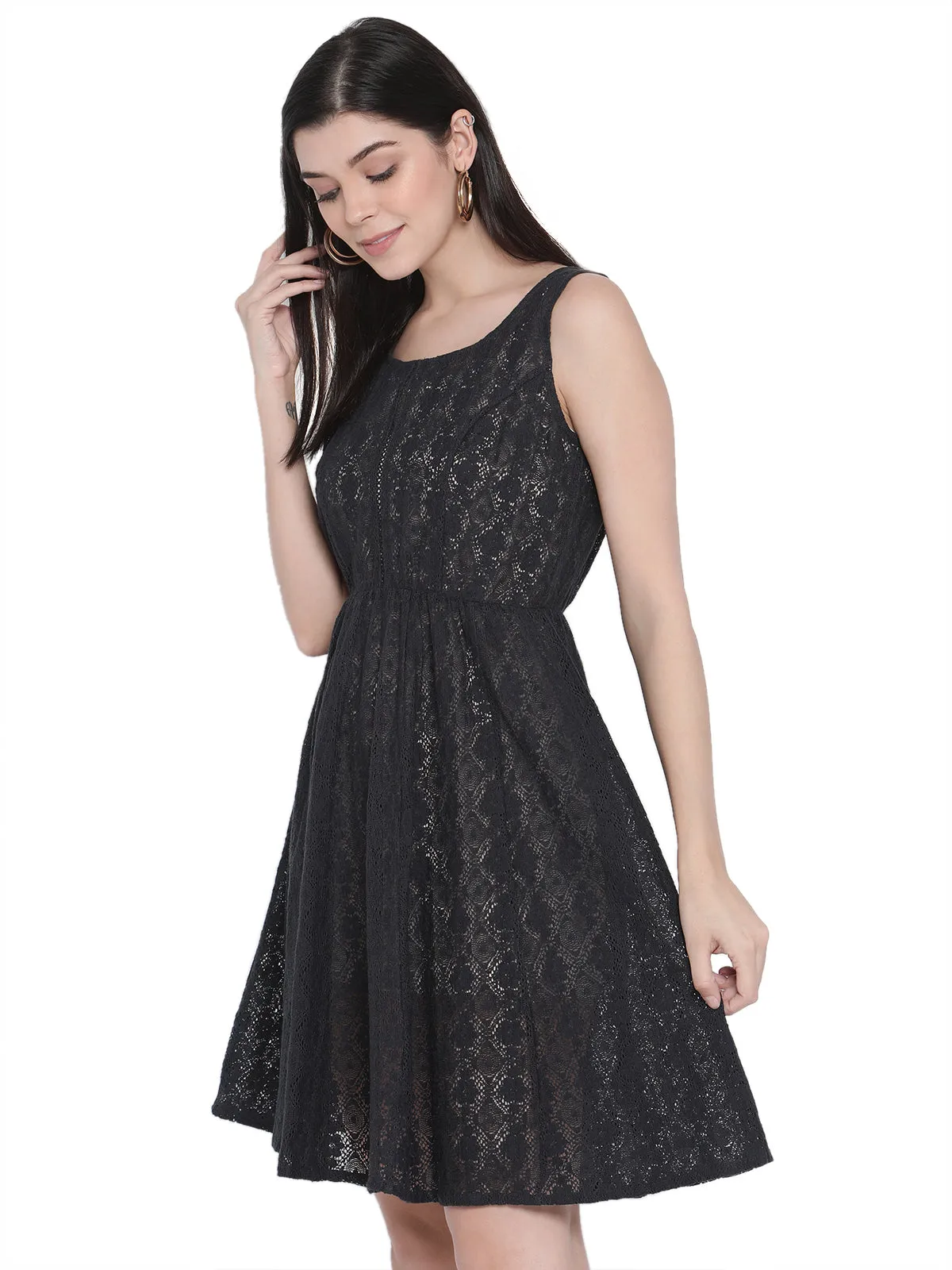 Porsorte Womens Navy Blue Cotton Crochet Lace Embroidery Dress