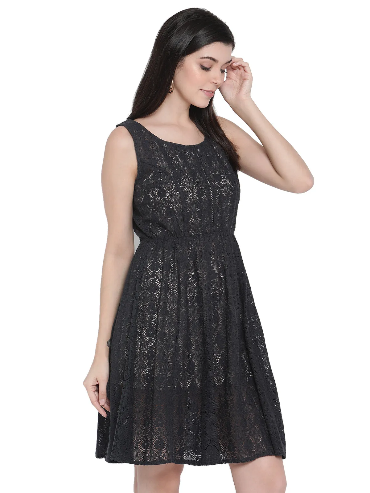 Porsorte Womens Navy Blue Cotton Crochet Lace Embroidery Dress