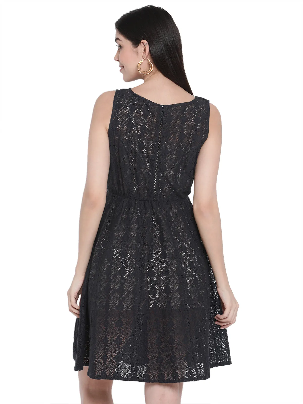 Porsorte Womens Navy Blue Cotton Crochet Lace Embroidery Dress