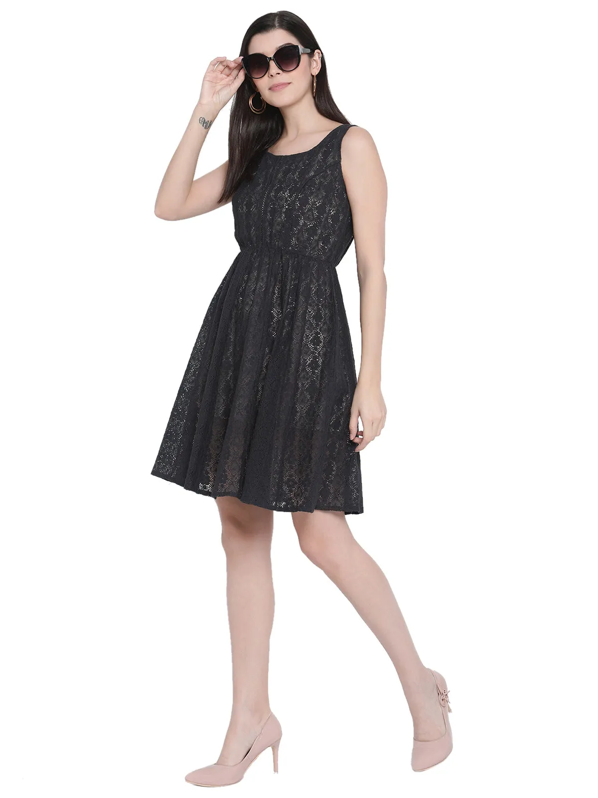 Porsorte Womens Navy Blue Cotton Crochet Lace Embroidery Dress