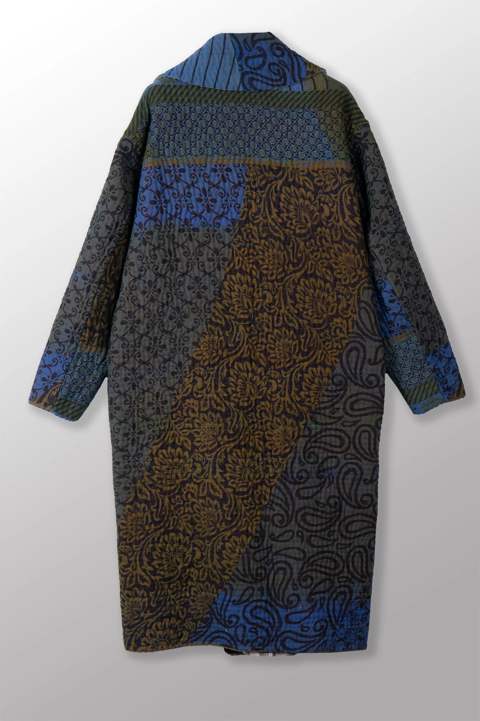 QUILTED OVER DYE COTTON KANTHA DOUBLE BREST LONG COAT - oq5340-cblu002a -