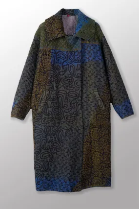 QUILTED OVER DYE COTTON KANTHA DOUBLE BREST LONG COAT - oq5340-cblu002a -