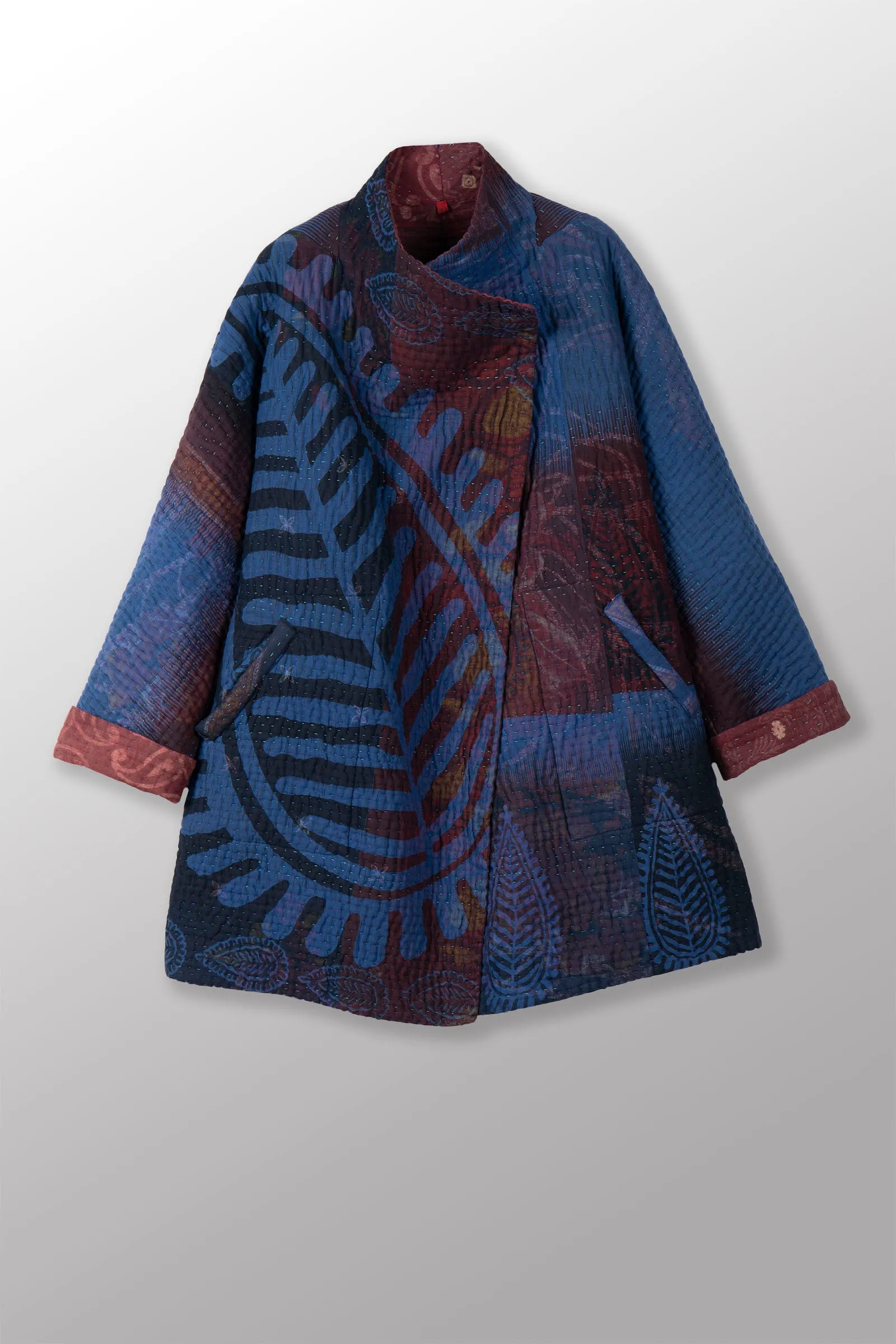 QUILTED OVER DYE COTTON KANTHA FUNNEL COLLAR COAT - oq5312-cblu002a -