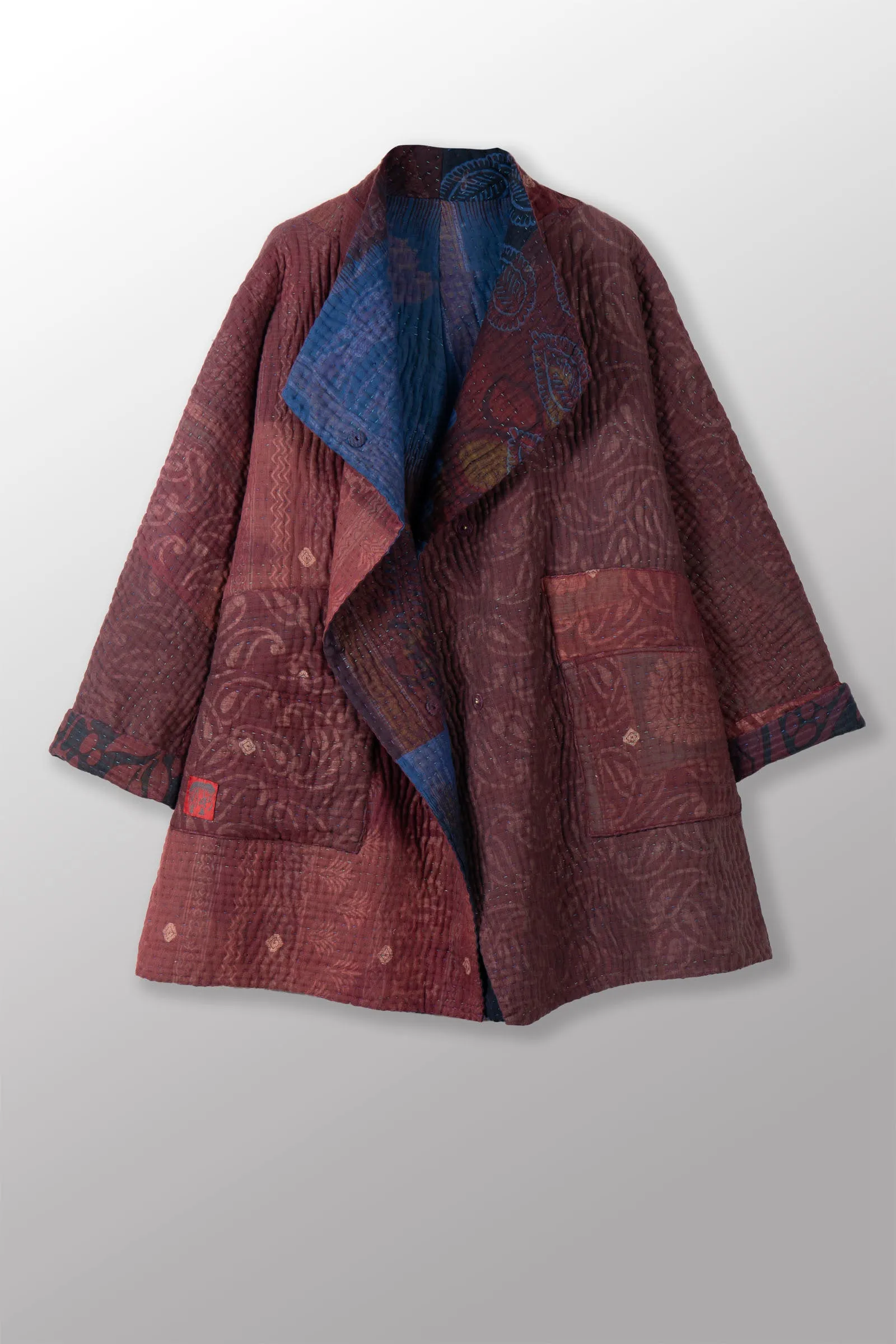 QUILTED OVER DYE COTTON KANTHA FUNNEL COLLAR COAT - oq5312-cblu002a -