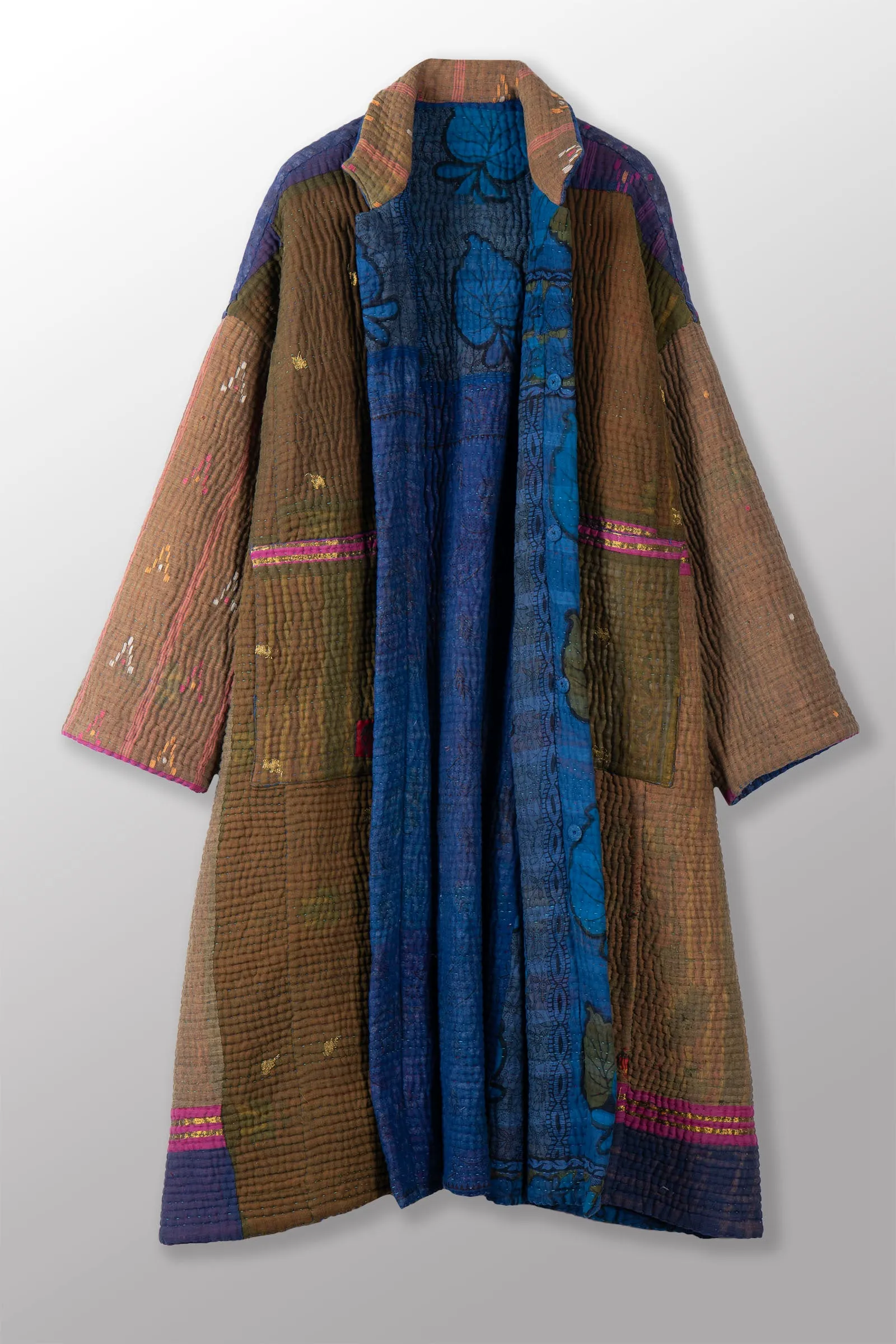 QUILTED OVER DYE COTTON KANTHA NEW OVERSIZED COAT - oq5342-cblu004a -