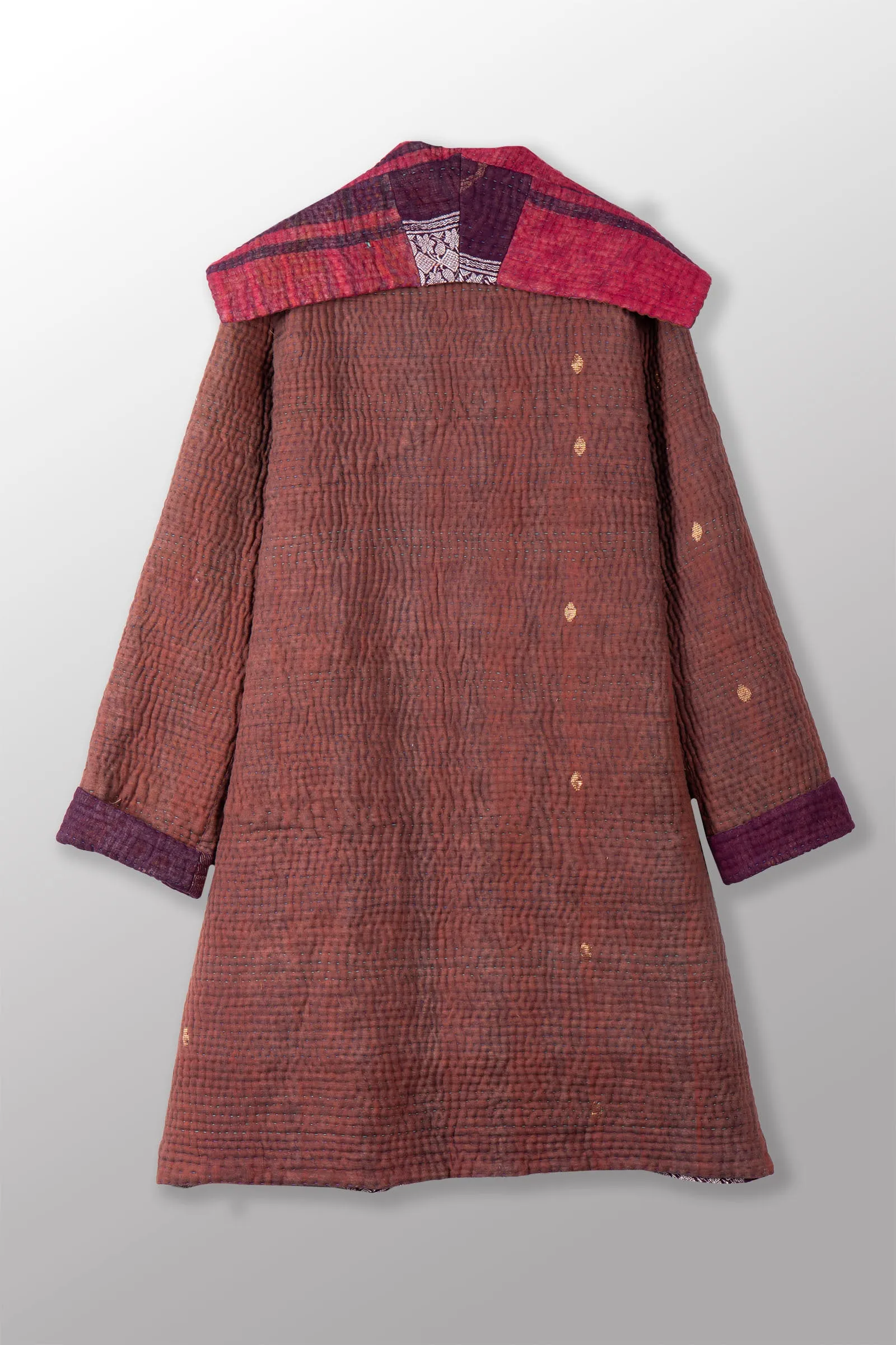 QUILTED OVER DYE RED COTTON KANTHA POCKET MEDIUM COAT - oq5316-cred011a -