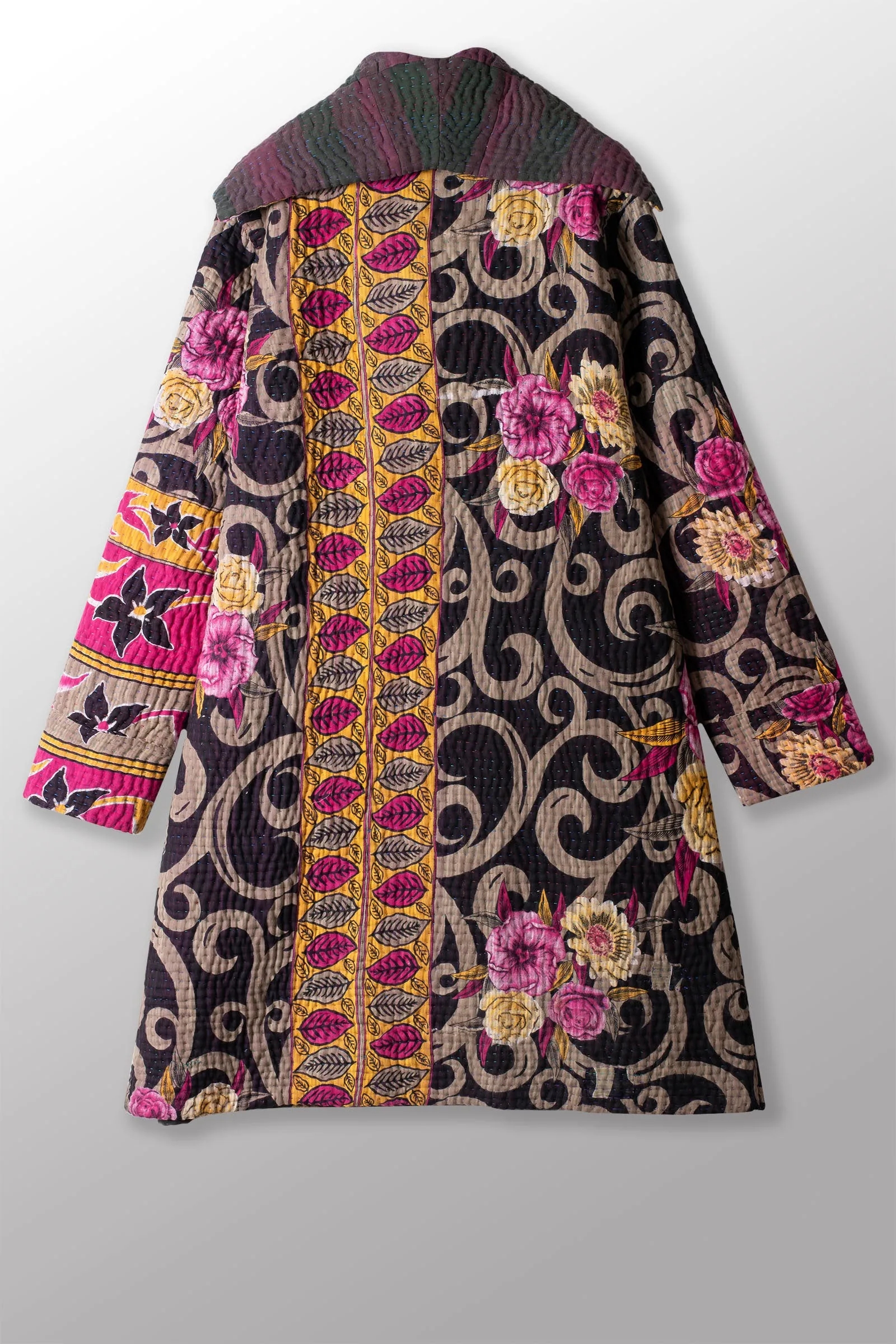 QUILTED VINTAGE COTTON KANTHA POCKET MEDIUM COAT - cq5316-0015a -