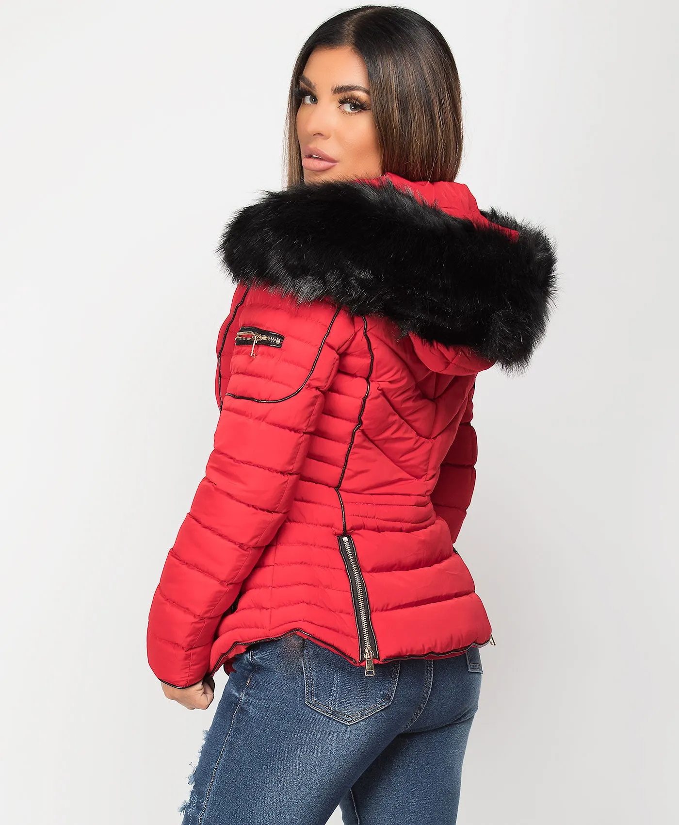 Red Quilted Padded Chevron Piping Detail Fur Hooded Puffer Jacket