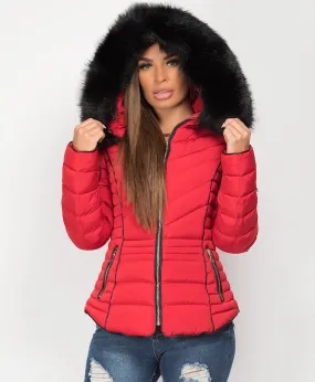 Red Quilted Padded Chevron Piping Detail Fur Hooded Puffer Jacket