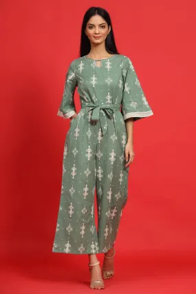 Sage Green Cotton Flex Printed Jumpsuit