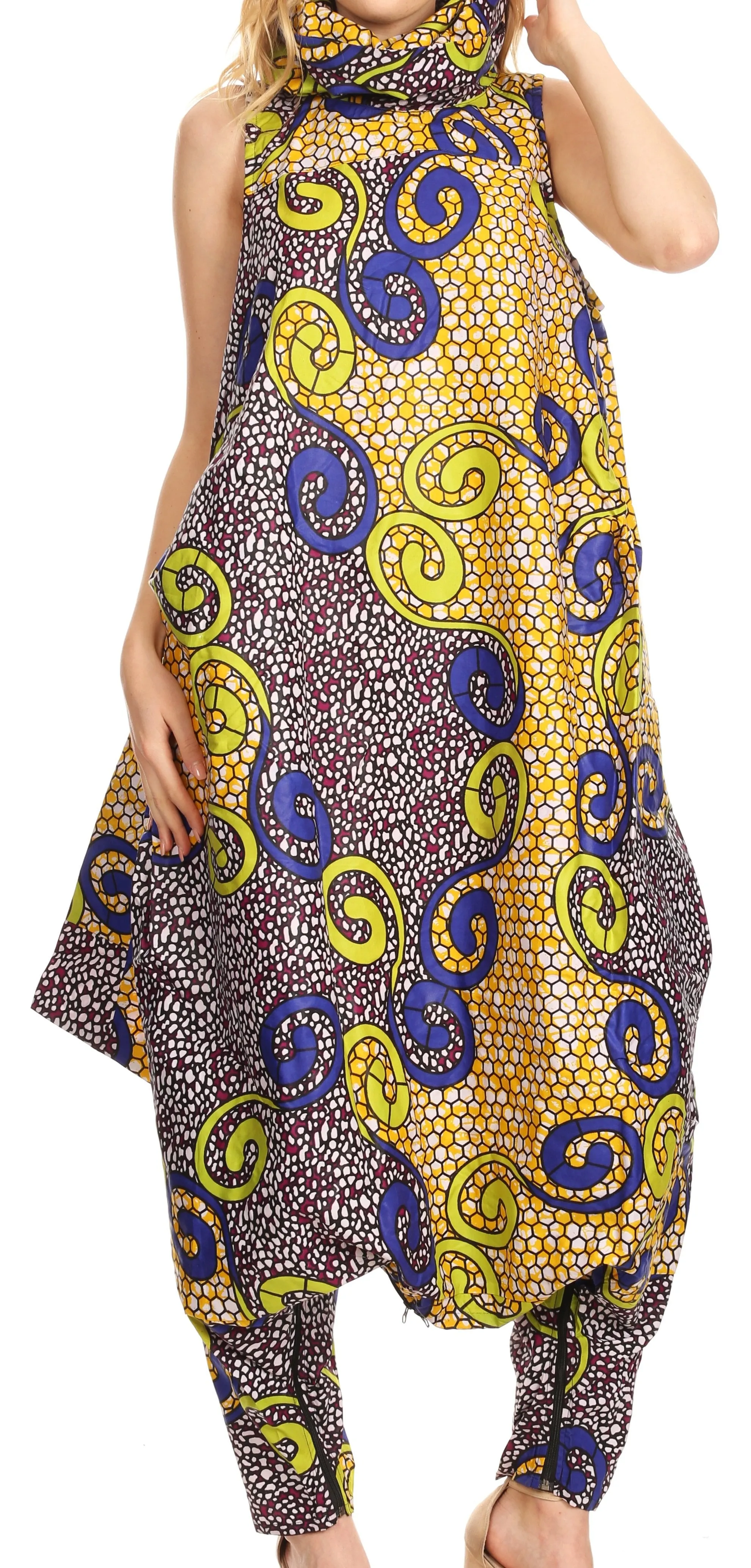 Sakkas Loa Women's African Ankara Print Maxi Harem Jumpsuit Dress Sleeveless