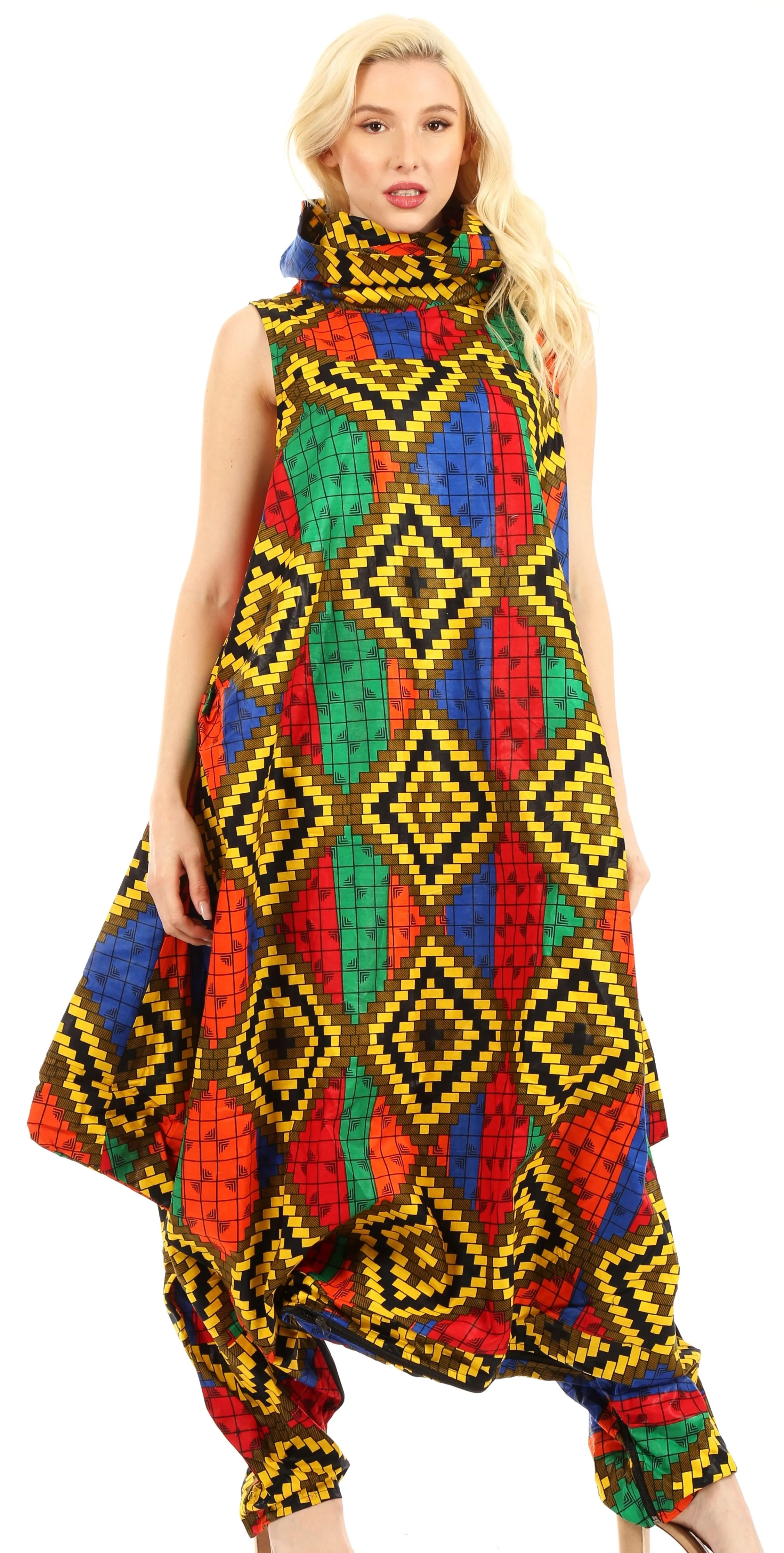 Sakkas Loa Women's African Ankara Print Maxi Harem Jumpsuit Dress Sleeveless