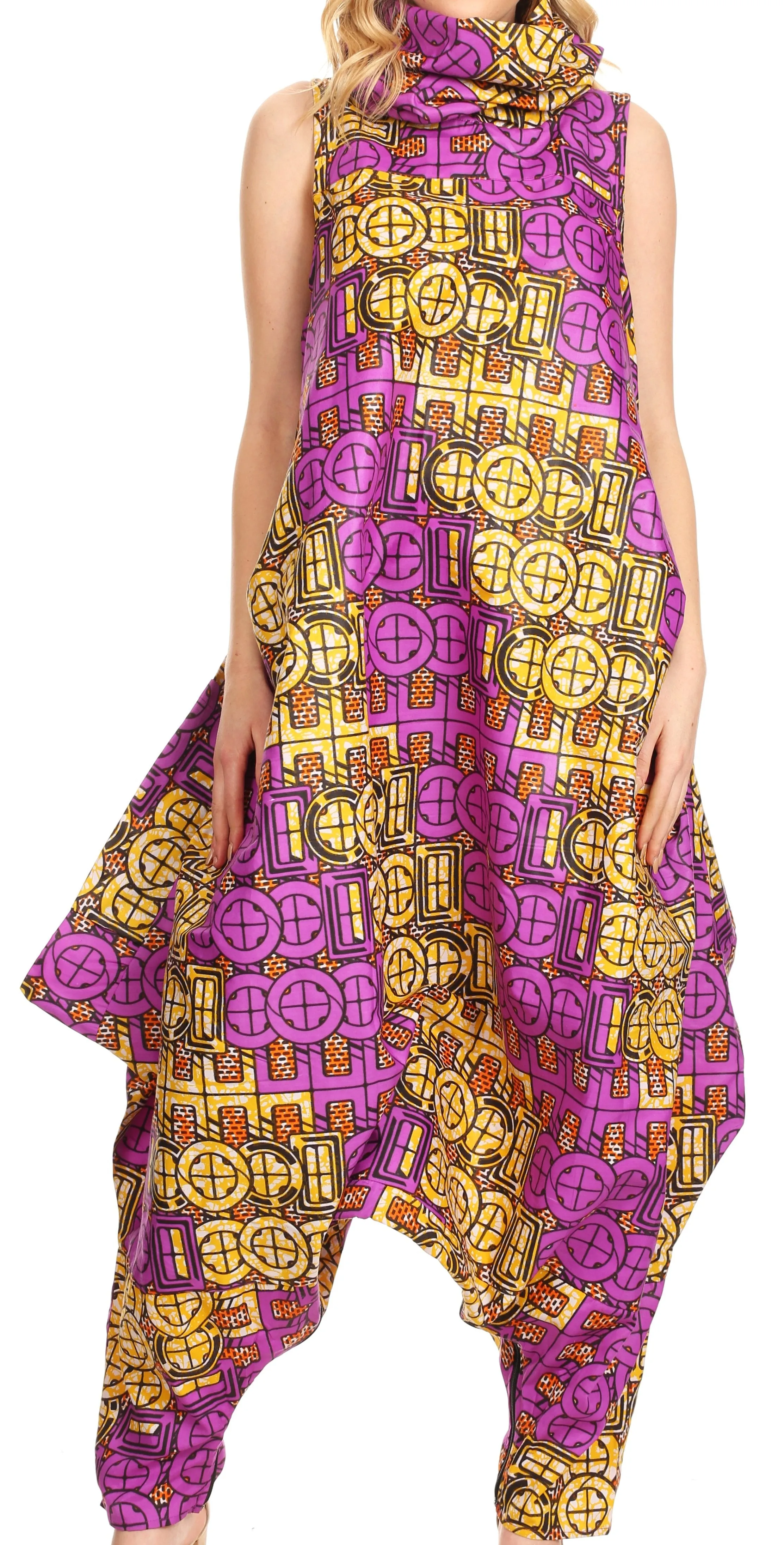 Sakkas Loa Women's African Ankara Print Maxi Harem Jumpsuit Dress Sleeveless