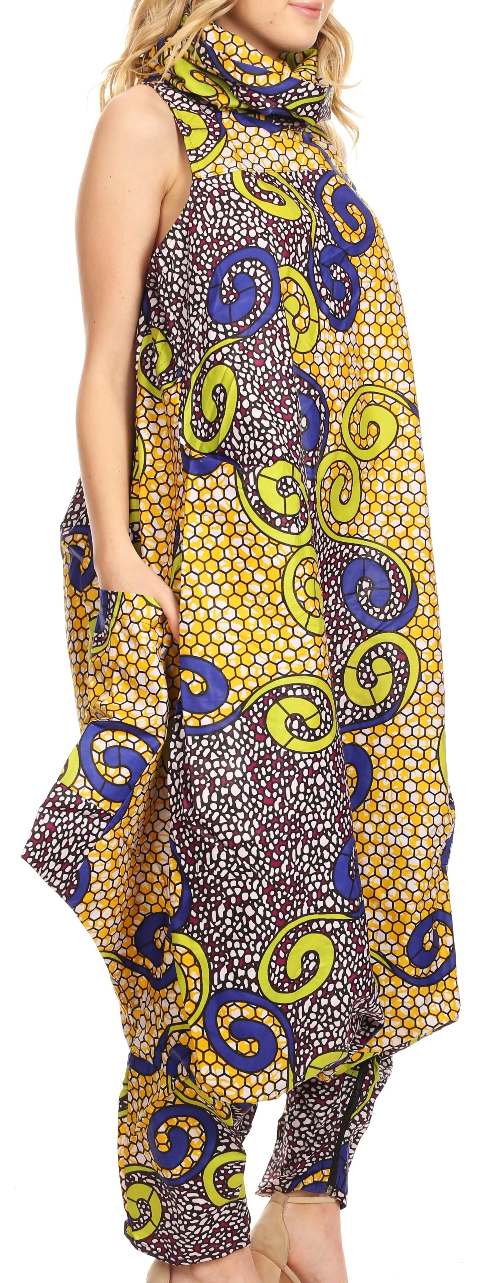 Sakkas Loa Women's African Ankara Print Maxi Harem Jumpsuit Dress Sleeveless