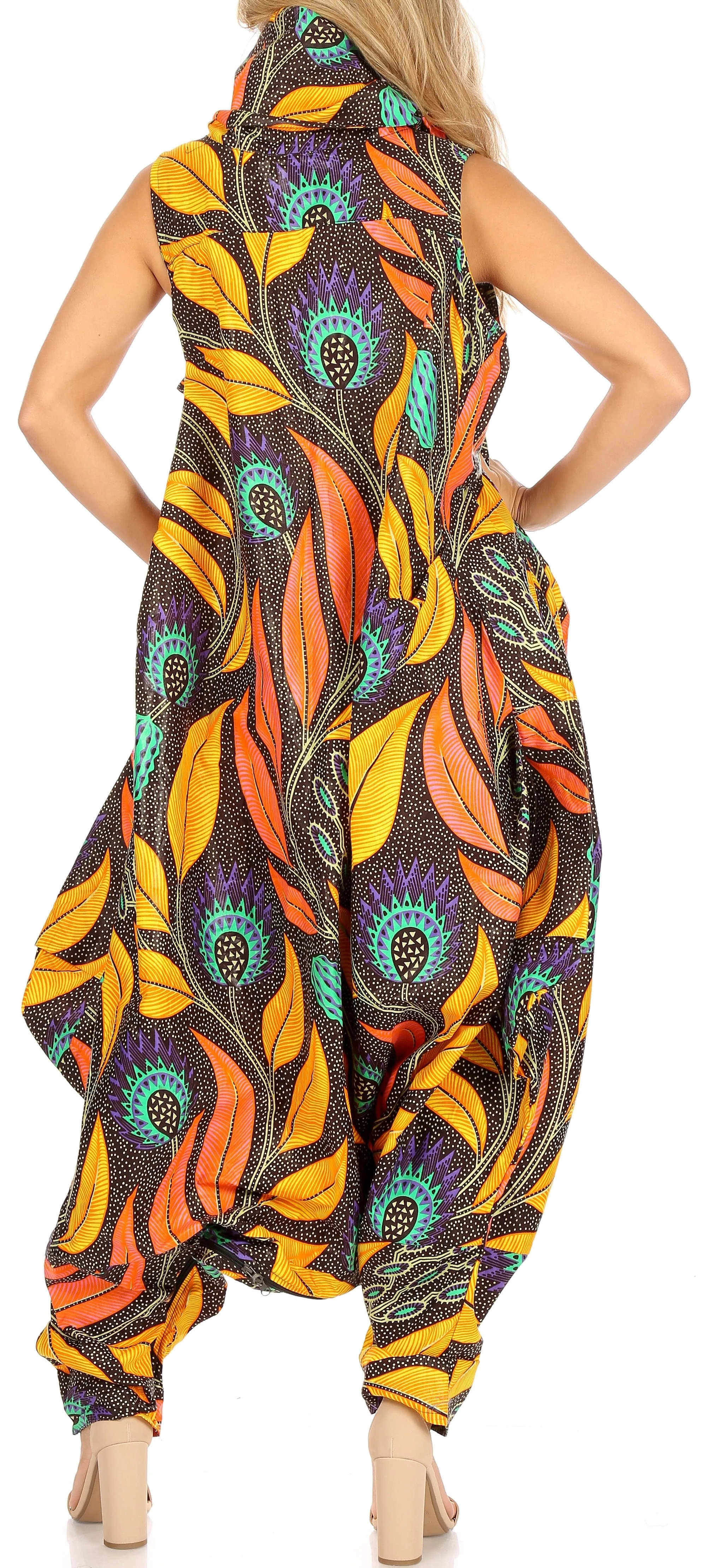 Sakkas Loa Women's African Ankara Print Maxi Harem Jumpsuit Dress Sleeveless