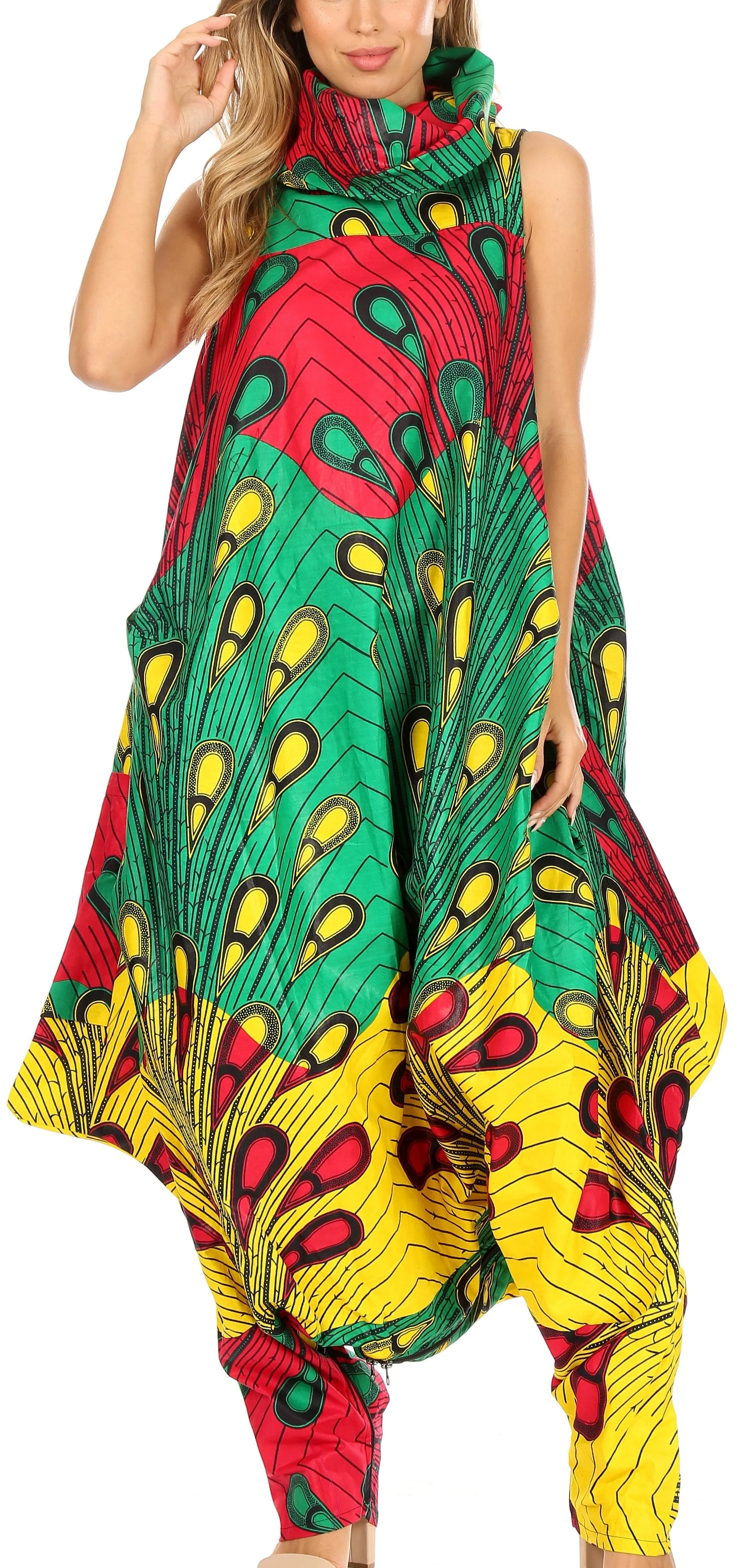 Sakkas Loa Women's African Ankara Print Maxi Harem Jumpsuit Dress Sleeveless