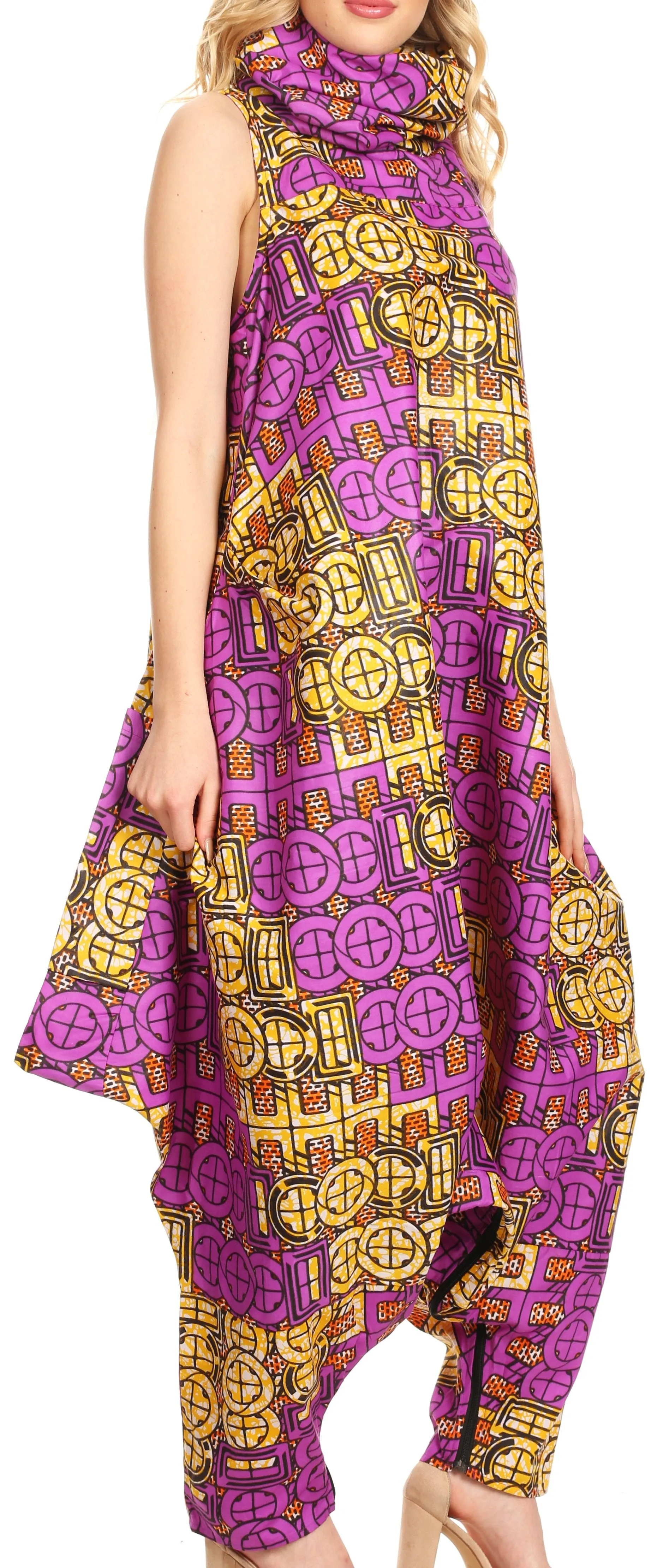 Sakkas Loa Women's African Ankara Print Maxi Harem Jumpsuit Dress Sleeveless