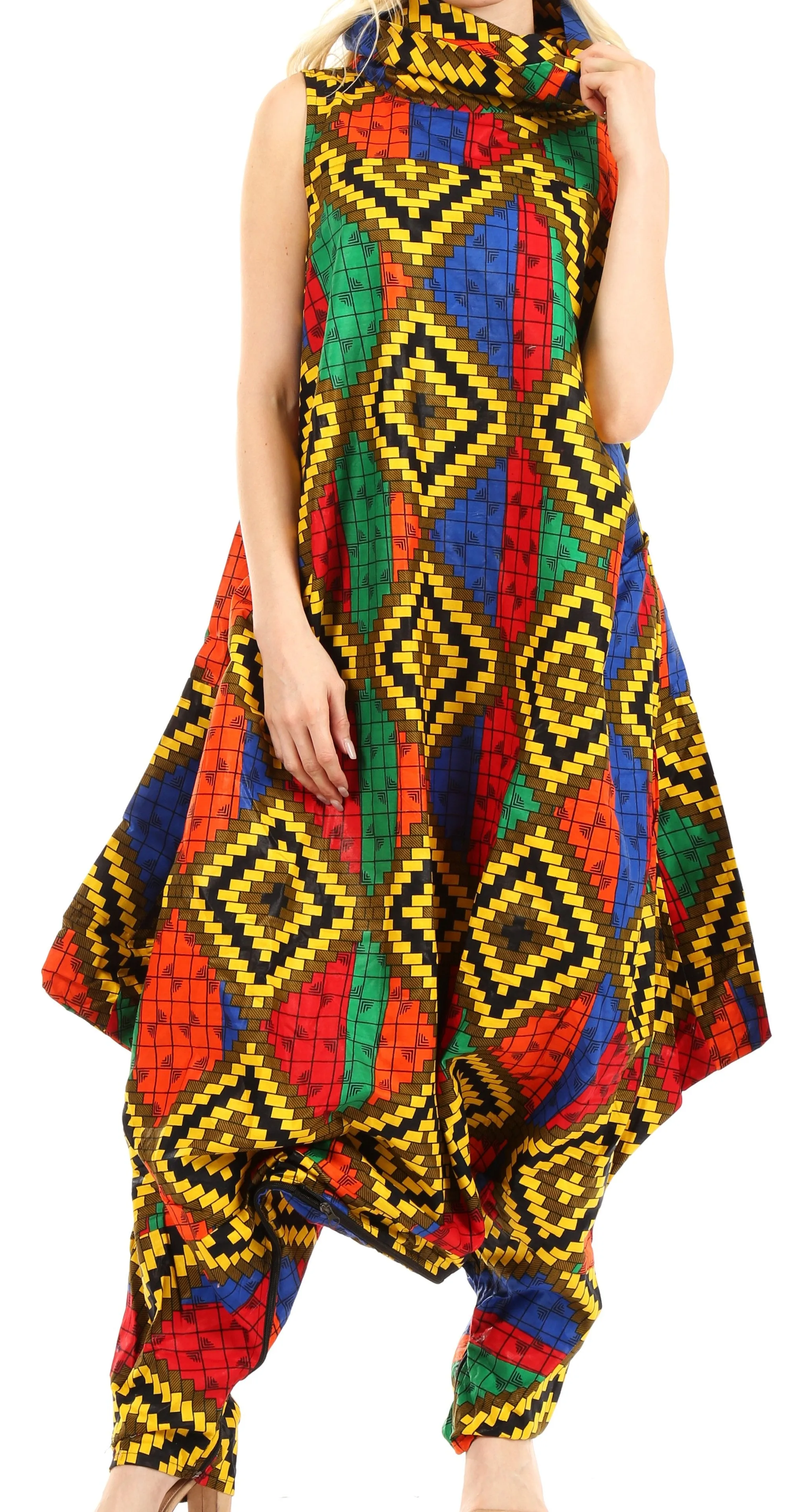 Sakkas Loa Women's African Ankara Print Maxi Harem Jumpsuit Dress Sleeveless