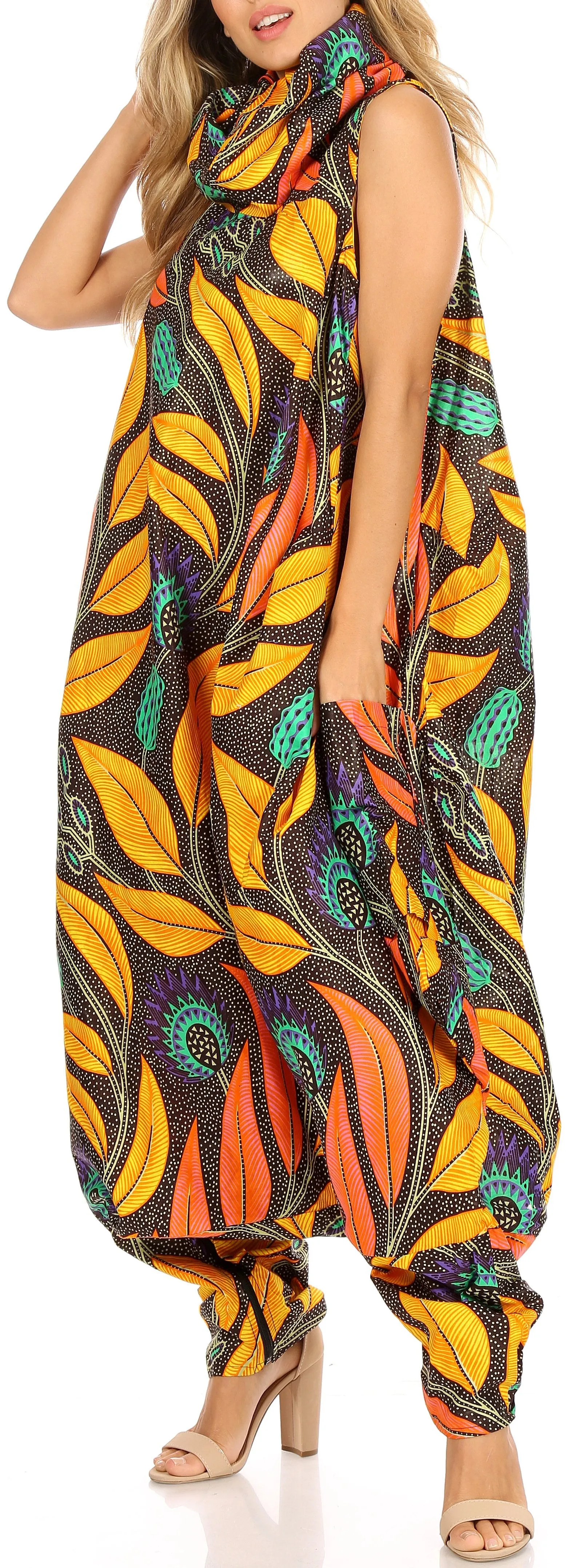 Sakkas Loa Women's African Ankara Print Maxi Harem Jumpsuit Dress Sleeveless