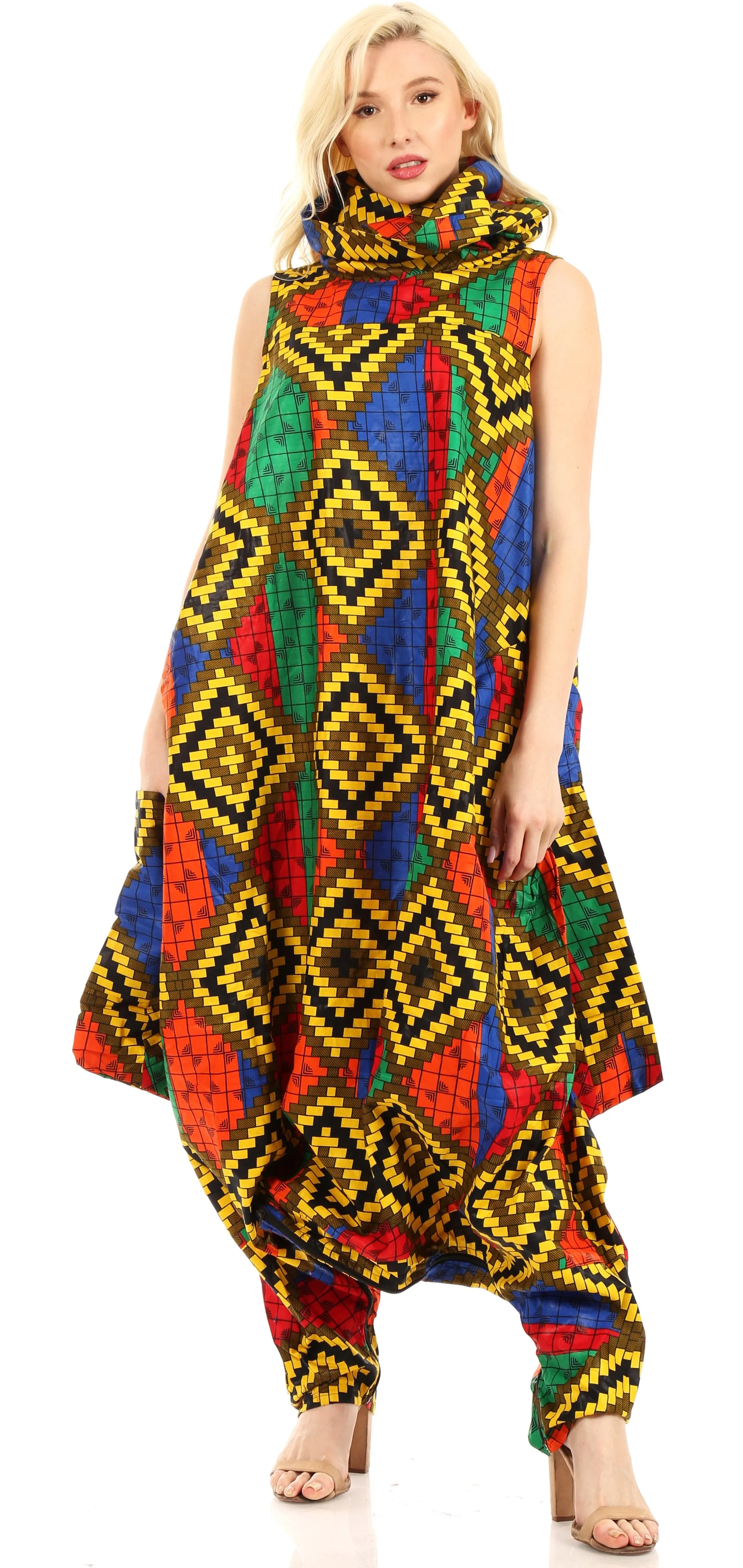 Sakkas Loa Women's African Ankara Print Maxi Harem Jumpsuit Dress Sleeveless