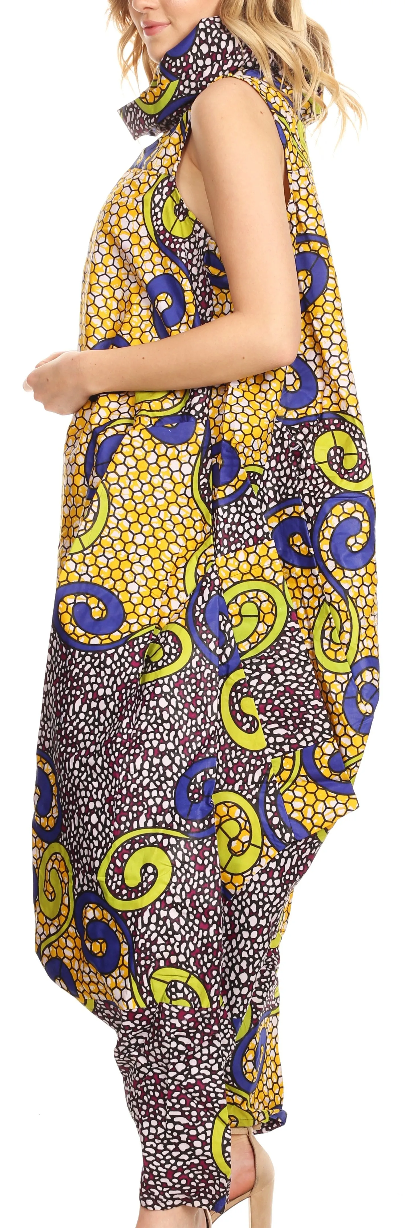 Sakkas Loa Women's African Ankara Print Maxi Harem Jumpsuit Dress Sleeveless