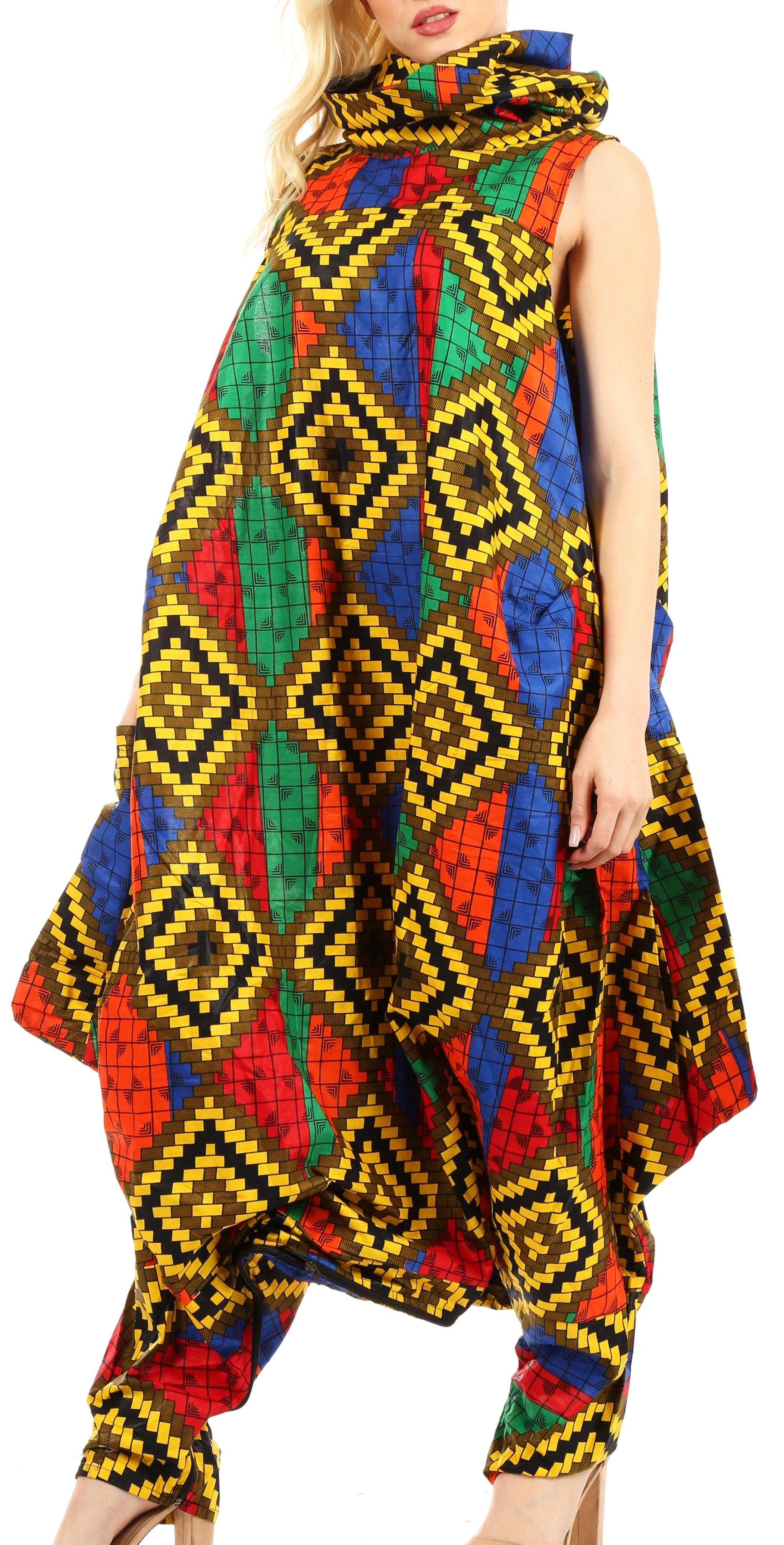 Sakkas Loa Women's African Ankara Print Maxi Harem Jumpsuit Dress Sleeveless