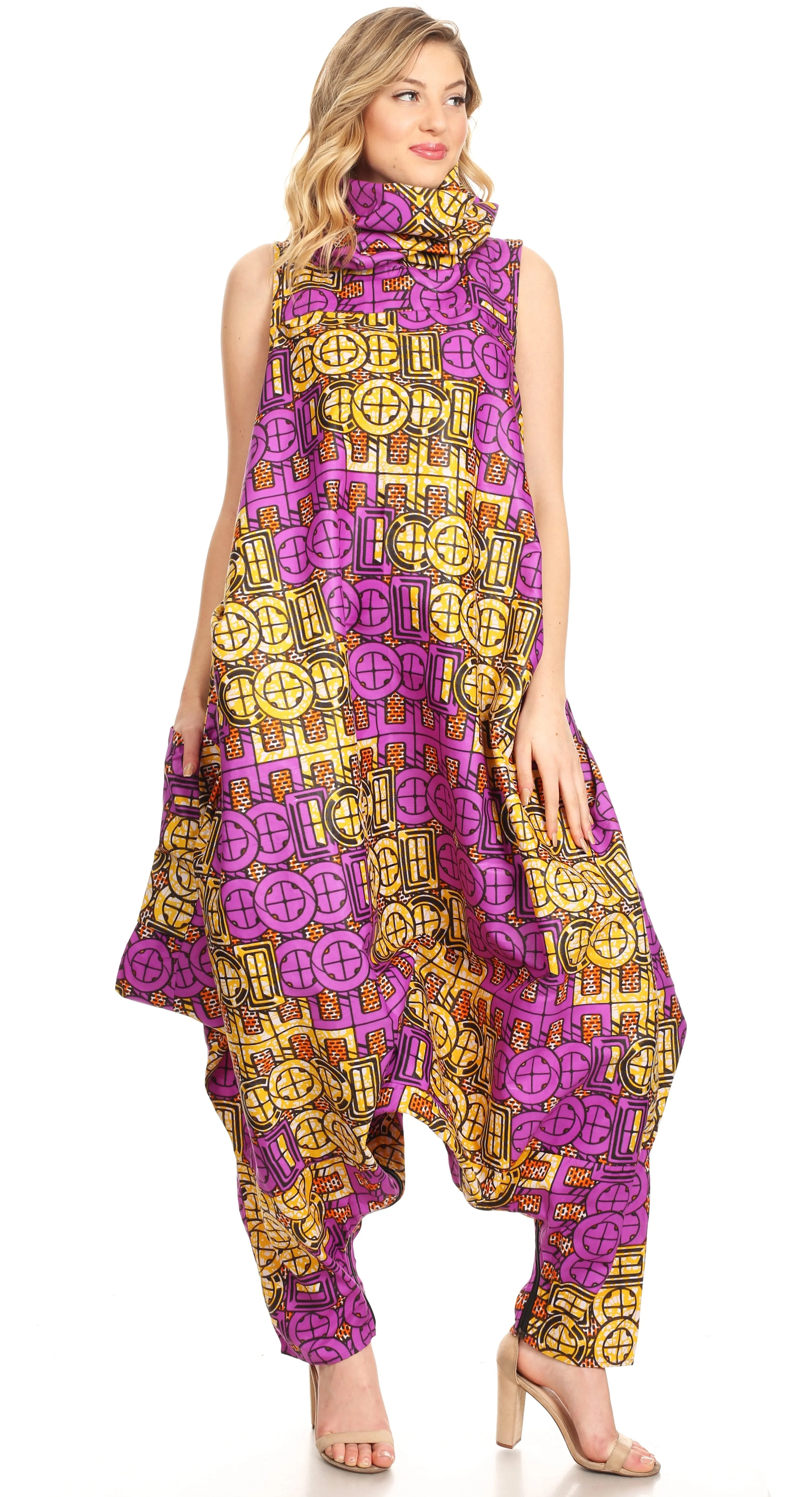 Sakkas Loa Women's African Ankara Print Maxi Harem Jumpsuit Dress Sleeveless