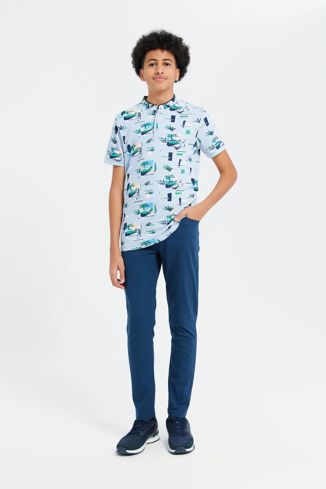 Senior Boys Blue Palm Tree Print Polo Shirt