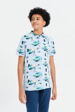 Senior Boys Blue Palm Tree Print Polo Shirt