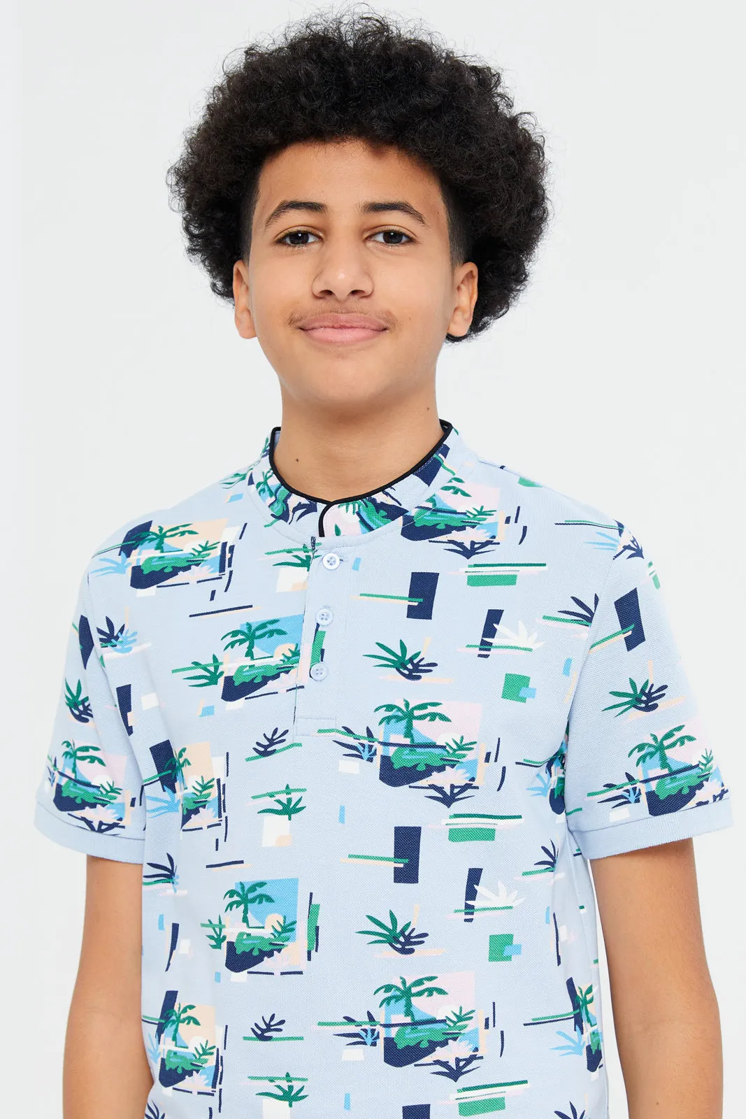 Senior Boys Blue Palm Tree Print Polo Shirt