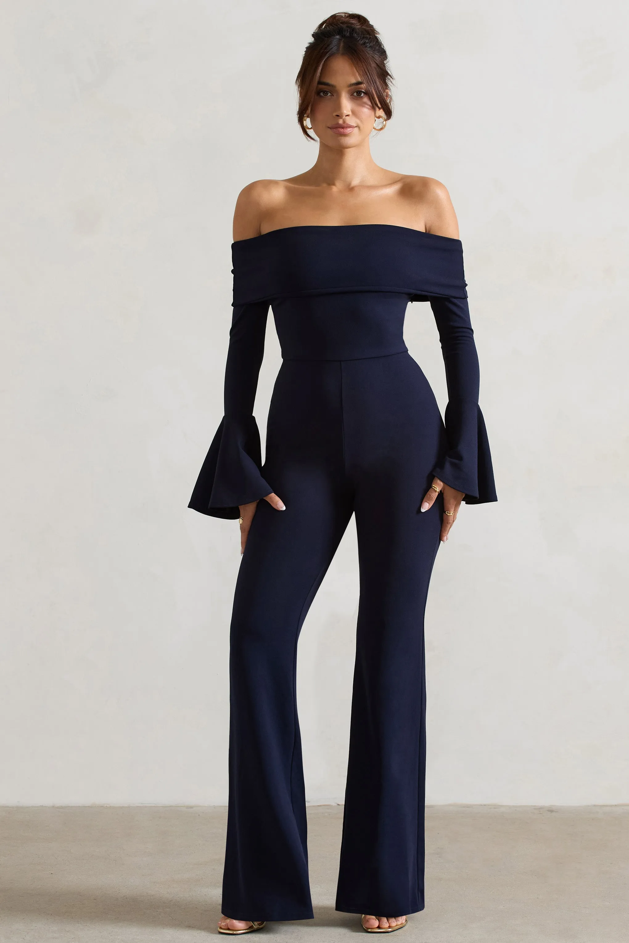 Shauna | Navy Bardot Long-Sleeve Flared Jumpsuit