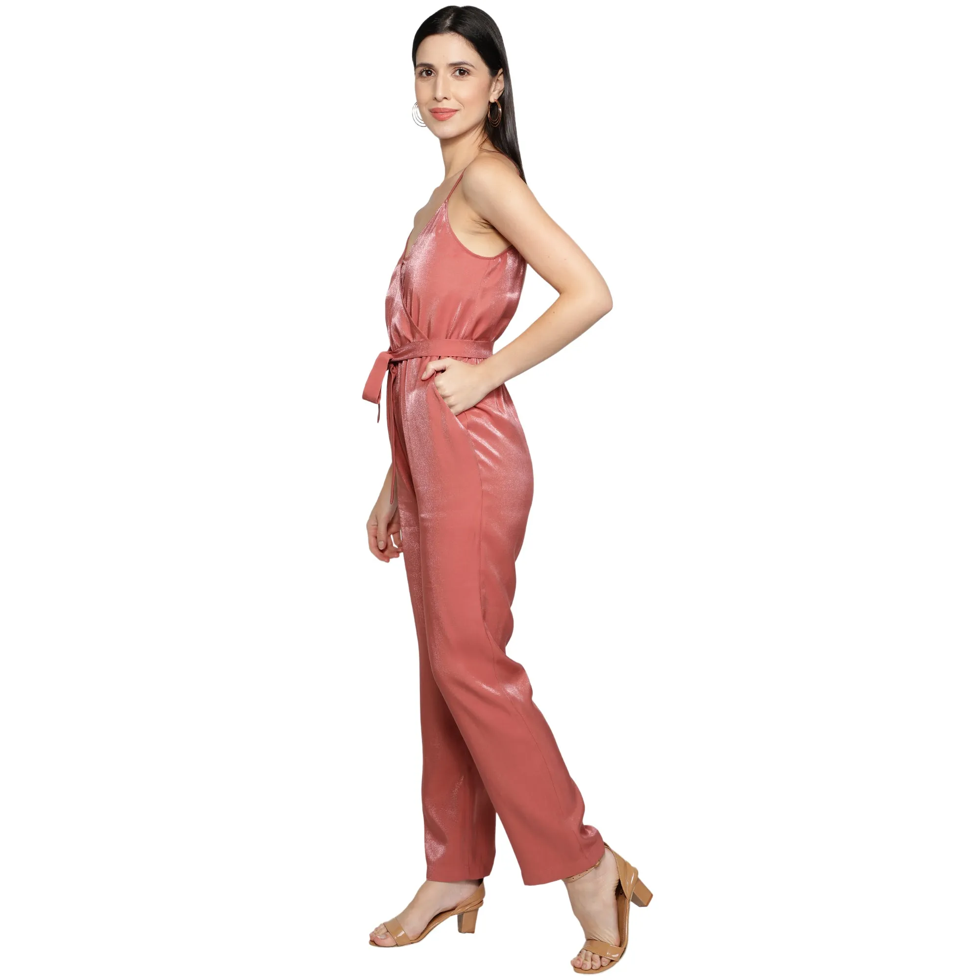 SLAY. Women's Rose Poly Twill Shimmer Jumpsuit with waist belt