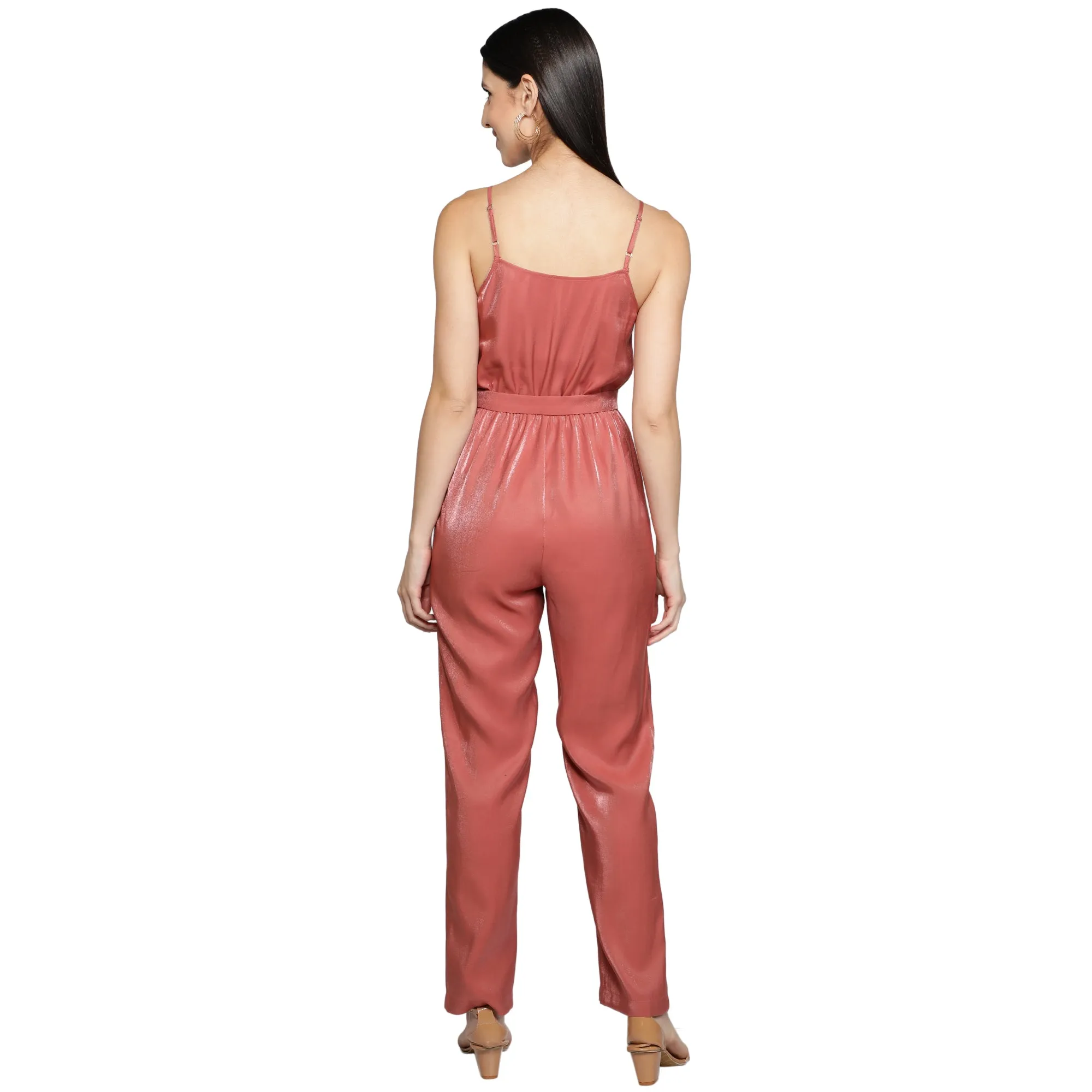 SLAY. Women's Rose Poly Twill Shimmer Jumpsuit with waist belt