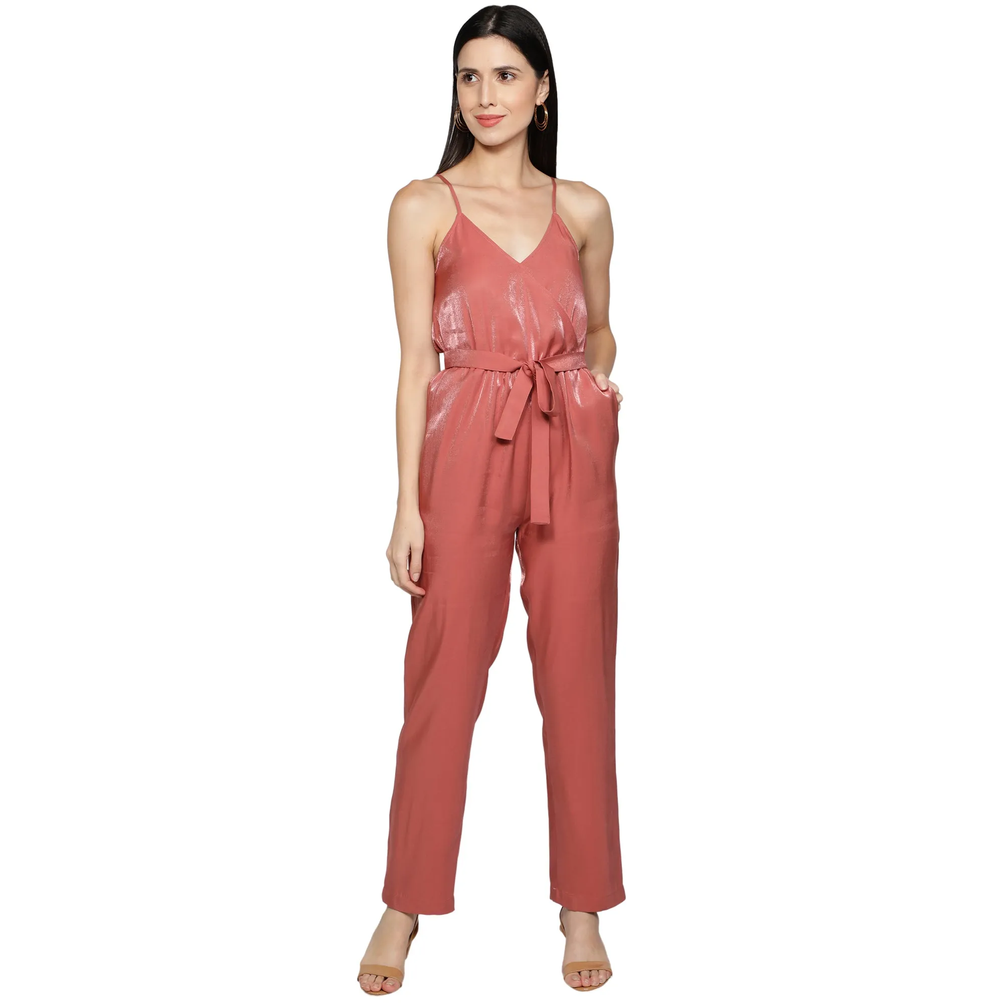 SLAY. Women's Rose Poly Twill Shimmer Jumpsuit with waist belt