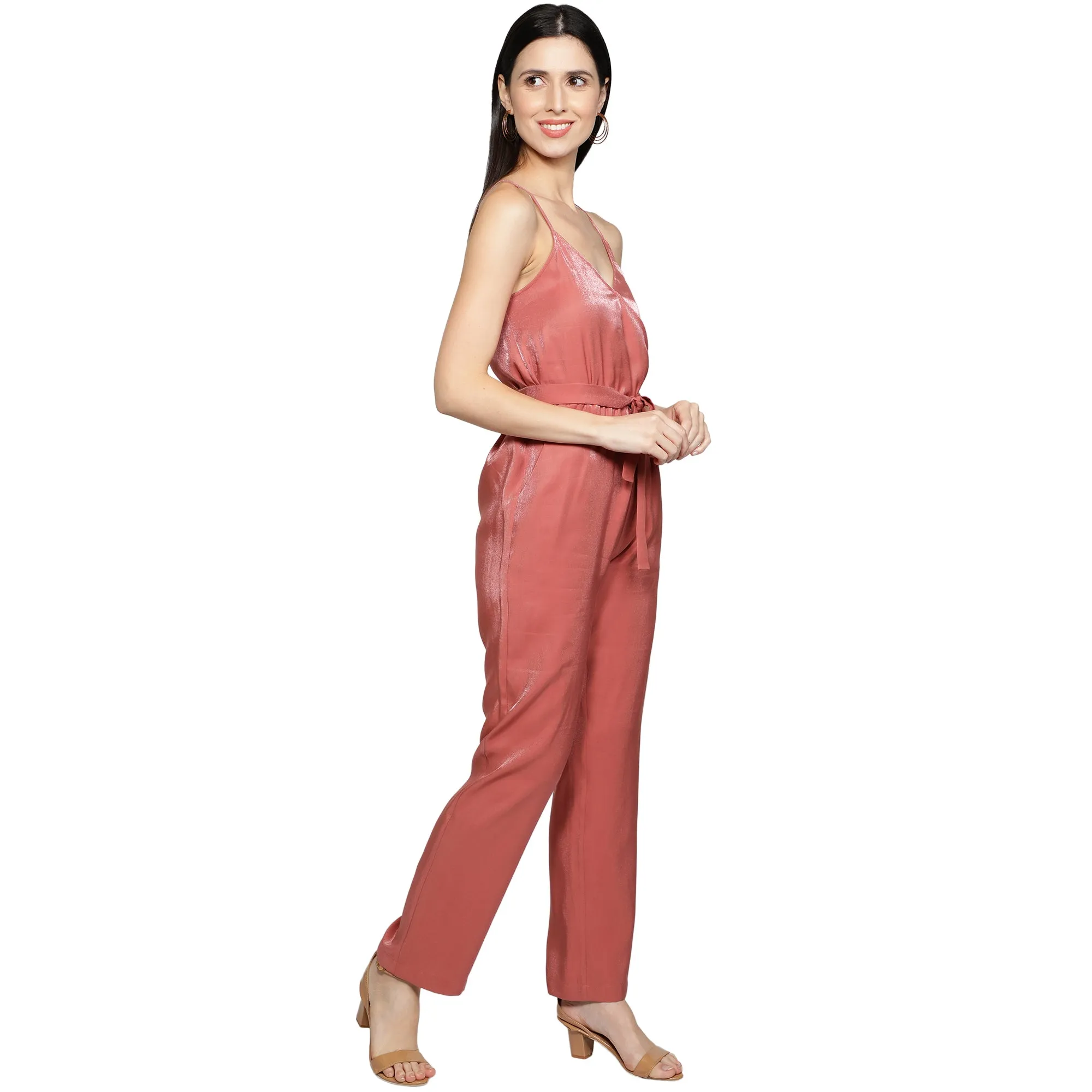 SLAY. Women's Rose Poly Twill Shimmer Jumpsuit with waist belt