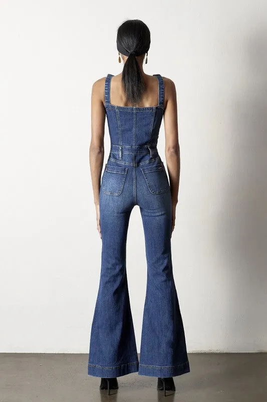 TEEK - DARK DENIM FRONT BUTTONS FLARE JUMPSUIT