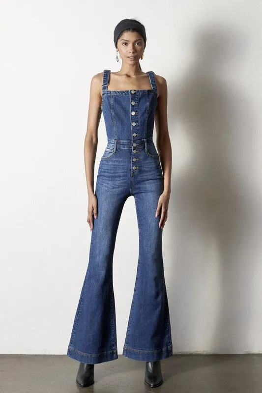 TEEK - DARK DENIM FRONT BUTTONS FLARE JUMPSUIT