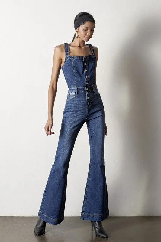 TEEK - DARK DENIM FRONT BUTTONS FLARE JUMPSUIT