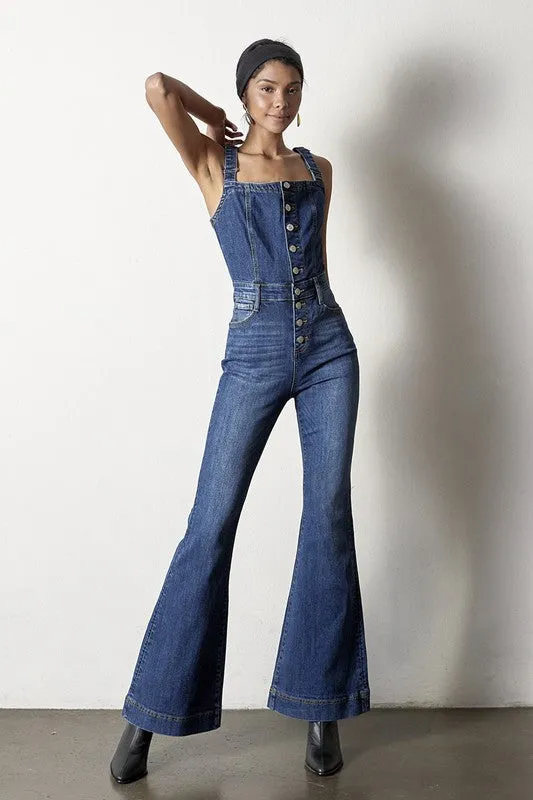 TEEK - DARK DENIM FRONT BUTTONS FLARE JUMPSUIT