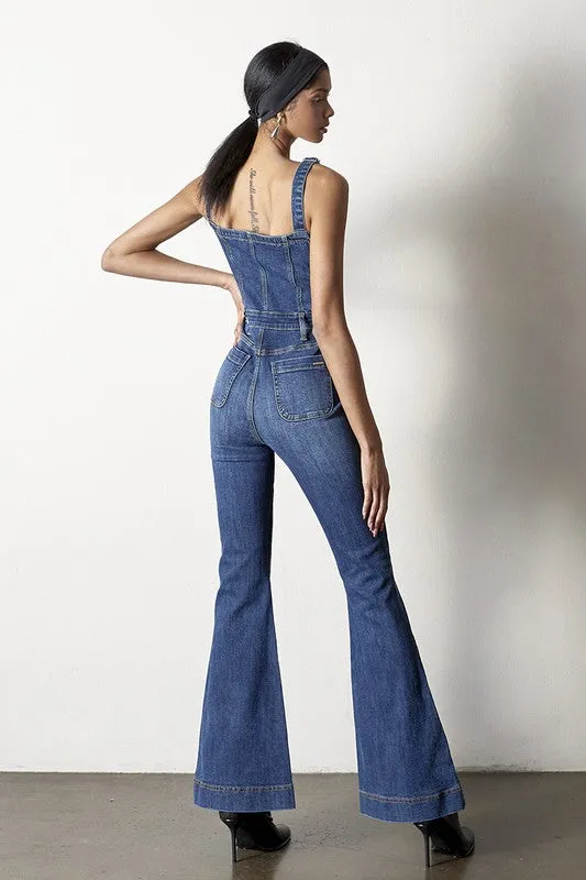 TEEK - DARK DENIM FRONT BUTTONS FLARE JUMPSUIT