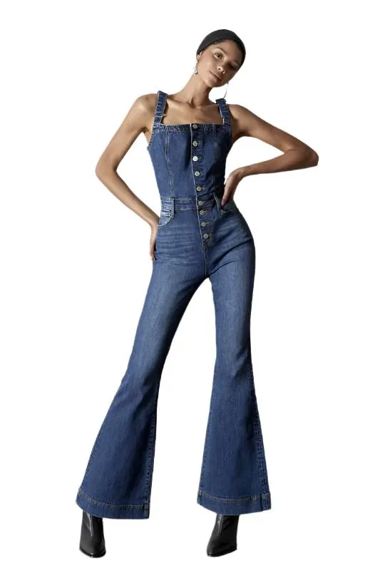 TEEK - DARK DENIM FRONT BUTTONS FLARE JUMPSUIT