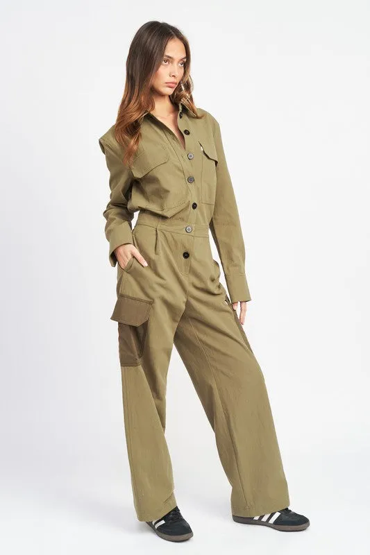 TEEK - OLIVE BOTTON DOWN CARGO JUMPSUIT