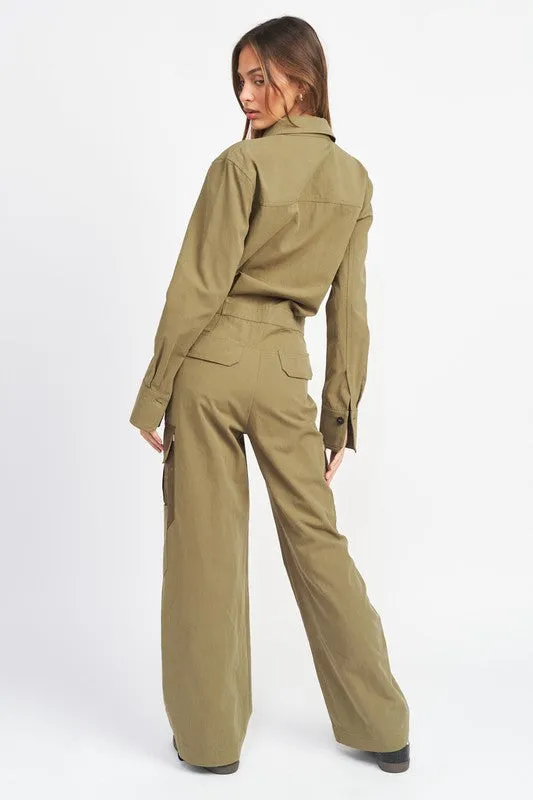 TEEK - OLIVE BOTTON DOWN CARGO JUMPSUIT