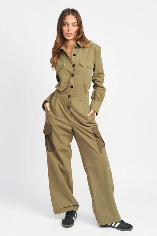 TEEK - OLIVE BOTTON DOWN CARGO JUMPSUIT